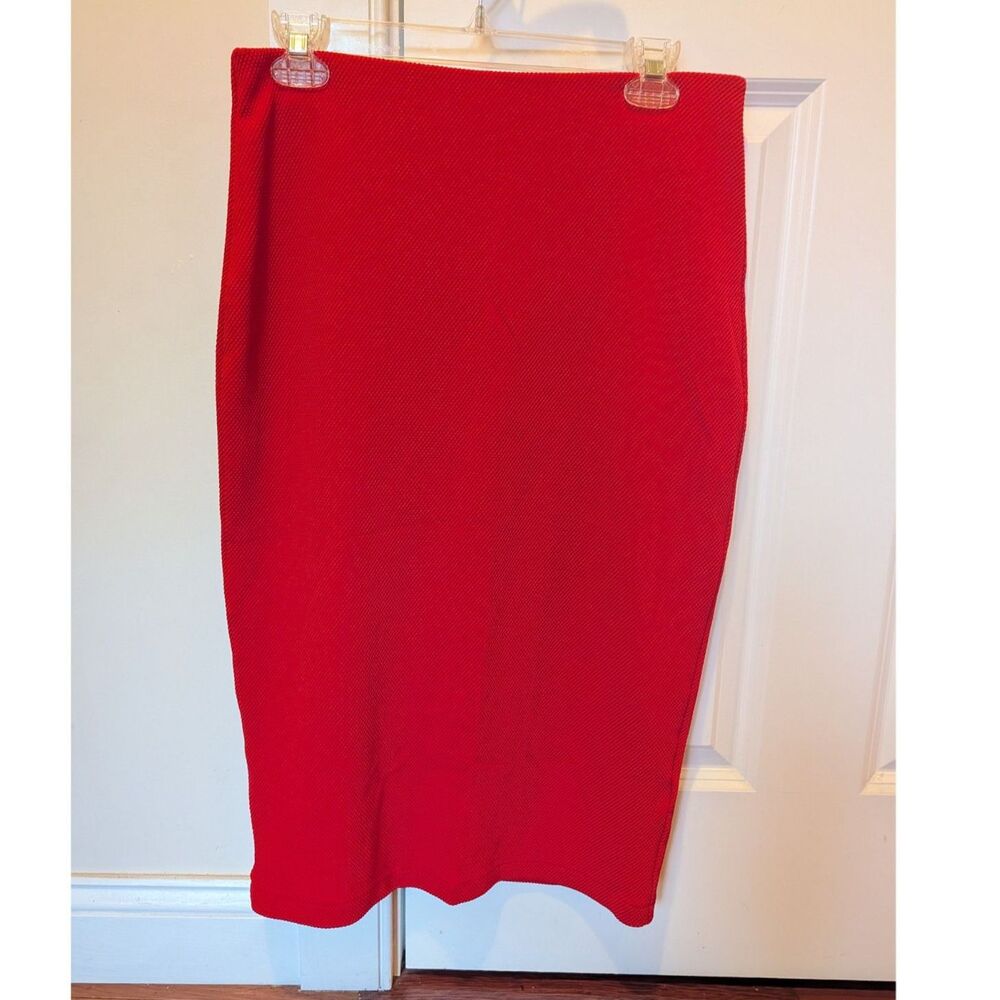 H&M Red Pencil Skirt 14 Midi Slit Professional Career Office Work Power Chic